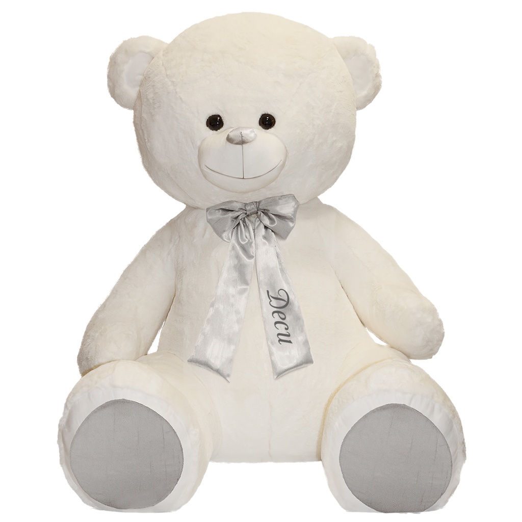 Мега бяло мече със сатенена панделка и глитерен НАДПИС - Сребърен