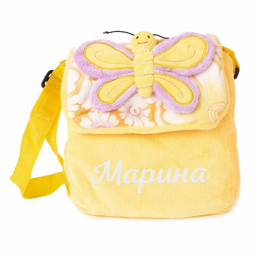 Детска чанта през рамо с ИМЕ - Жълта с розова пеперуда