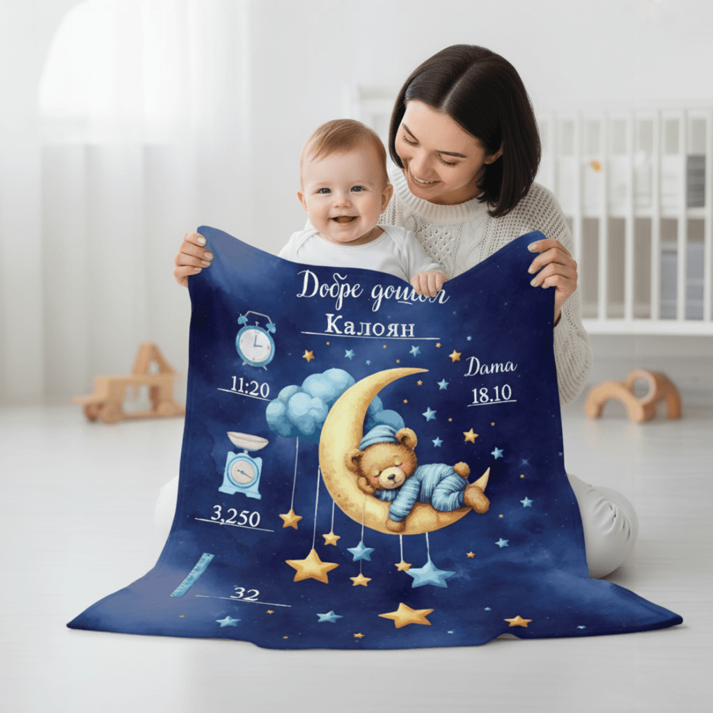 Персонализирано бебешко плюшено одеяло &quot;Мече сред звездите&quot; (Синьо)