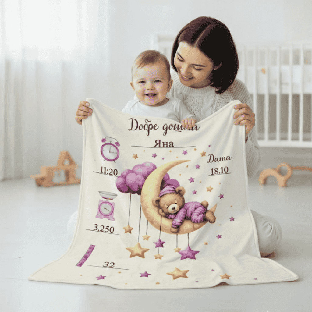 Персонализирано бебешко плюшено одеяло "Мече на луната" (Розово)