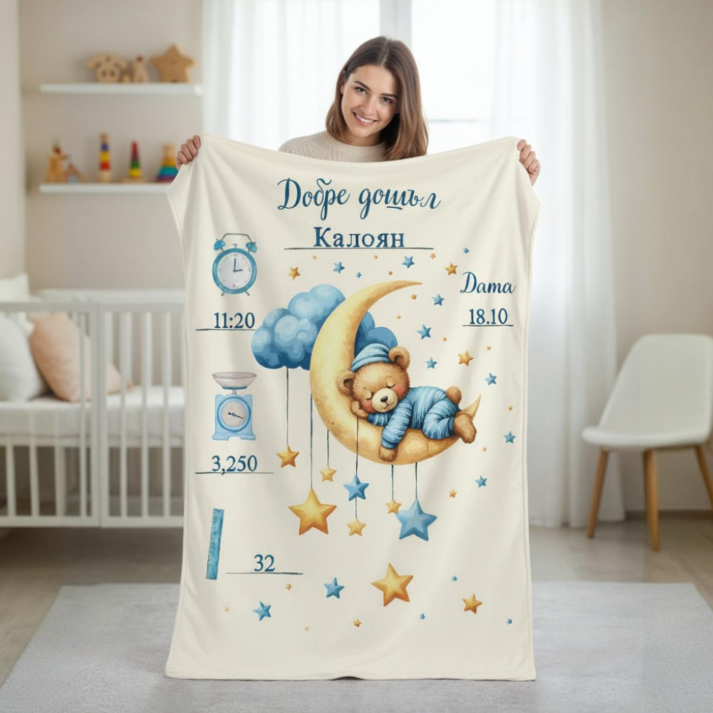 Персонализирано плюшено одеяло "Мече на луната" (Синьо)