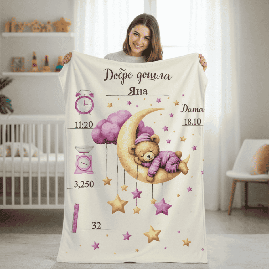 Персонализирано плюшено одеяло &quot;Мече на луната&quot; (Розово)