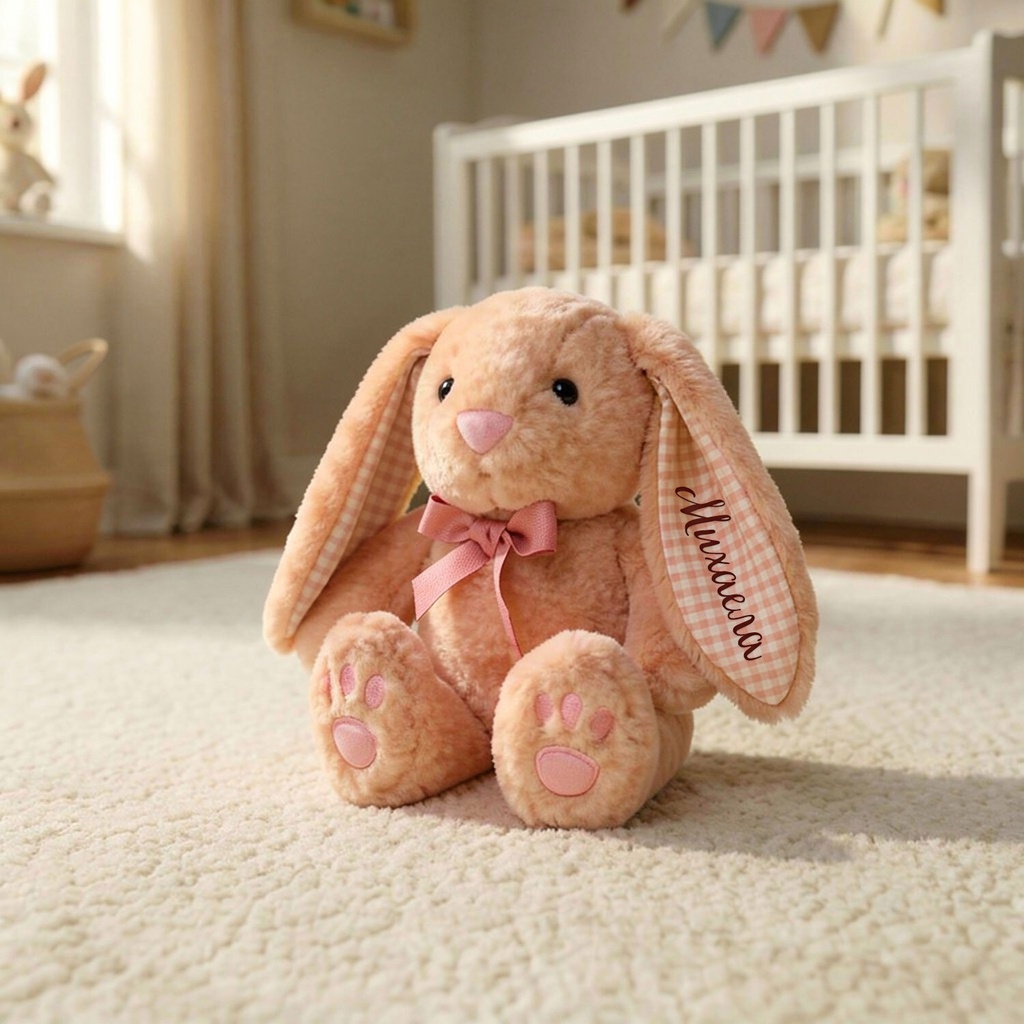 Плюшено зайче с панделка с НАДПИС - Бежово