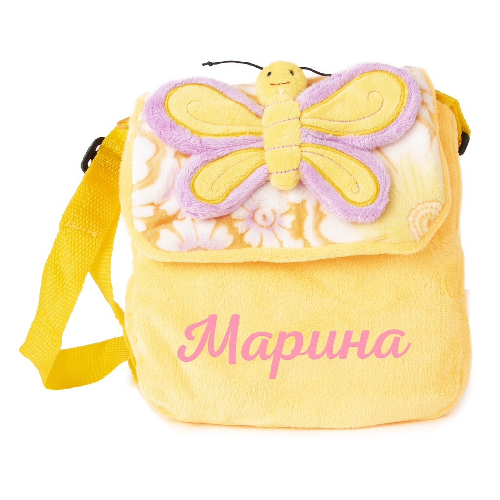 Детска чанта през рамо с ИМЕ - Оранжева с розова пеперуда