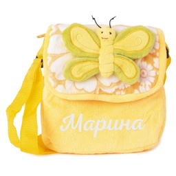 [060747-O-G] Детска чанта през рамо с ИМЕ - Оранжева със зелена пеперуда