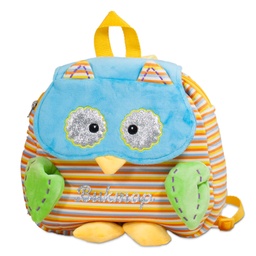 [010701-BL] Плюшена раница бухал 4 цвята с НАДПИС - Син