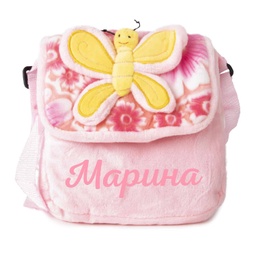 [0060747-4-pink-pink] Детска чанта през рамо с ИМЕ - Розова с розова пеперуда