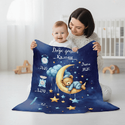 [099259-43] Персонализирано бебешко плюшено одеяло "Мече сред звездите" (Синьо)
