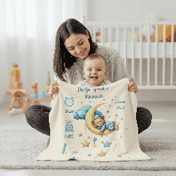 [099259-42] Персонализирано бебешко плюшено одеяло &quot;Мече на луната&quot; (Синьо)