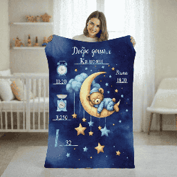 [099259/146/7-43] Персонализирано плюшено одеяло "Мече сред звездите" (Синьо)